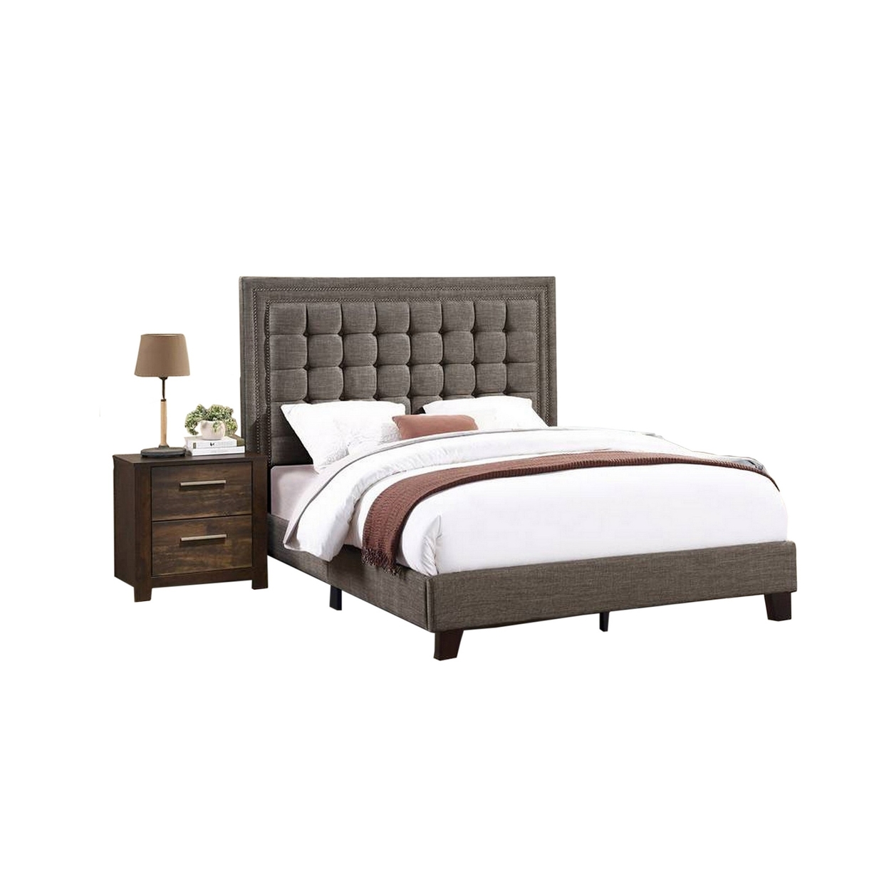 Zofi Modern Full Size Bed, Deep Square Tufted Upholstery, Taupe Polyester- Saltoro Sherpi