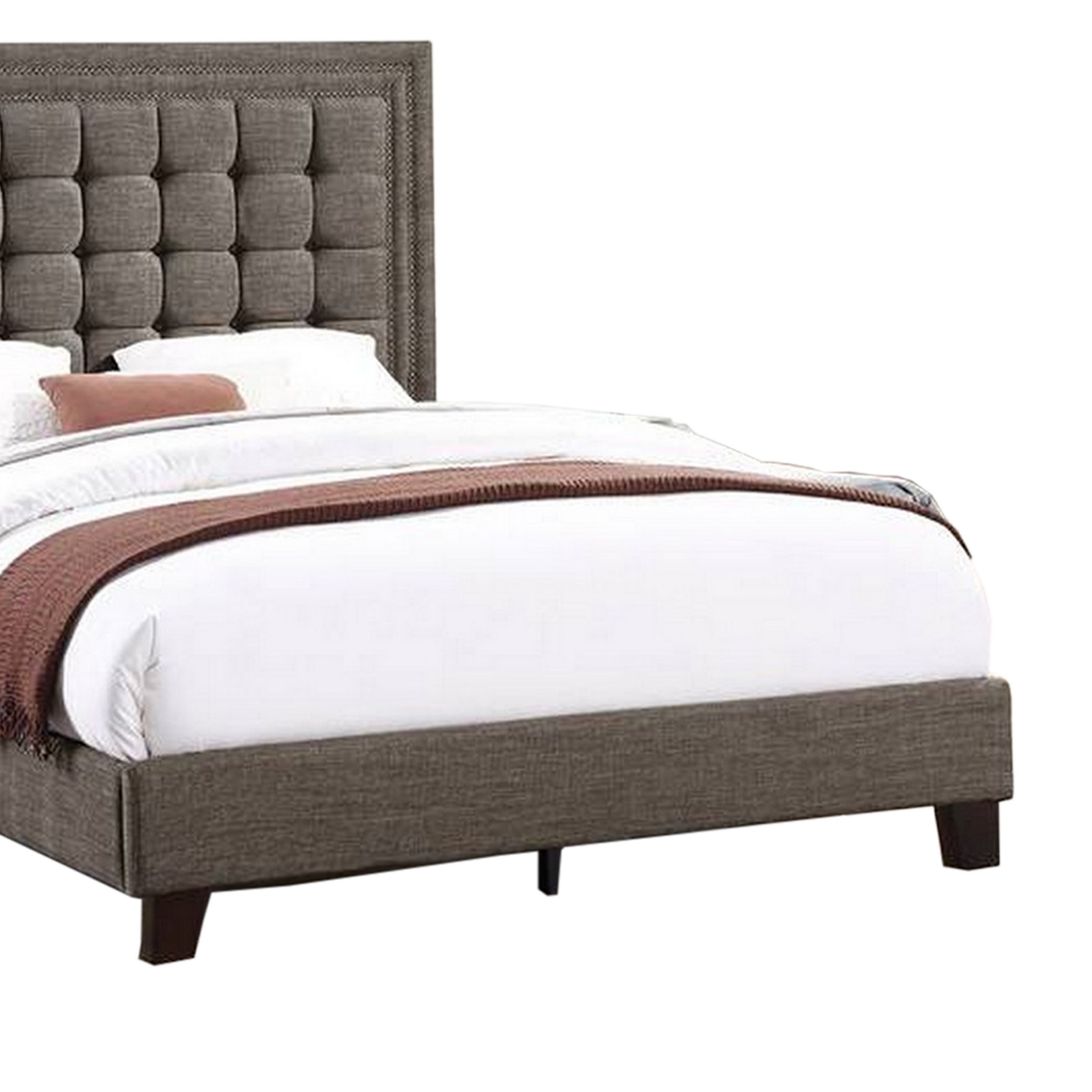 Zofi Modern Full Size Bed, Deep Square Tufted Upholstery, Taupe Polyester- Saltoro Sherpi