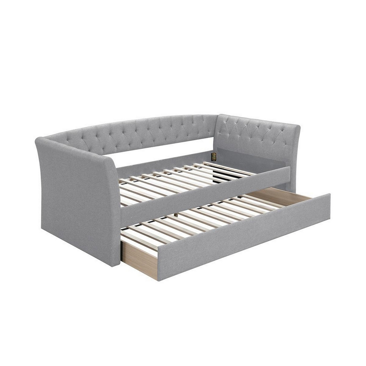 Alma Classic Wood Day Bed With Trundle, Button Tufted, Smooth Gray Burlap- Saltoro Sherpi