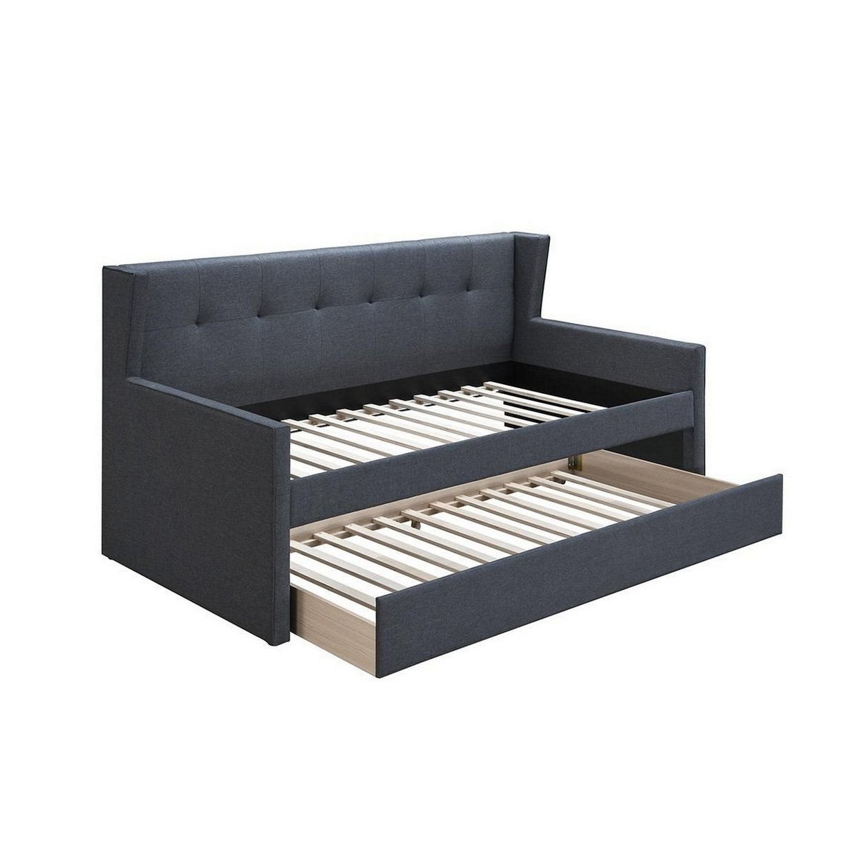 Diem Classic Wood Day Bed With Trundle, Button Tufted Back, Charcoal Burlap- Saltoro Sherpi
