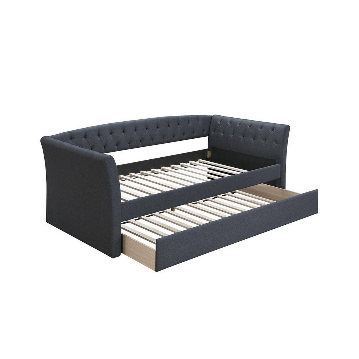 Alma Classic Wood Daybed With Trundle, Button Tufted, Charcoal Burlap- Saltoro Sherpi