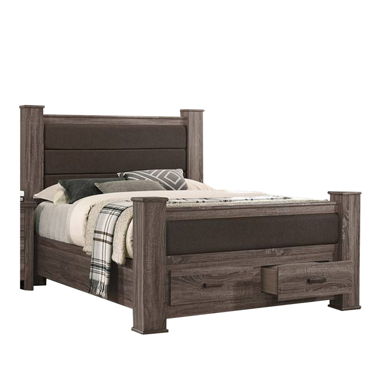 Fort Classic Queen Sized Bed With 2 Drawers, Upholstered Panel, Oak Gray- Saltoro Sherpi