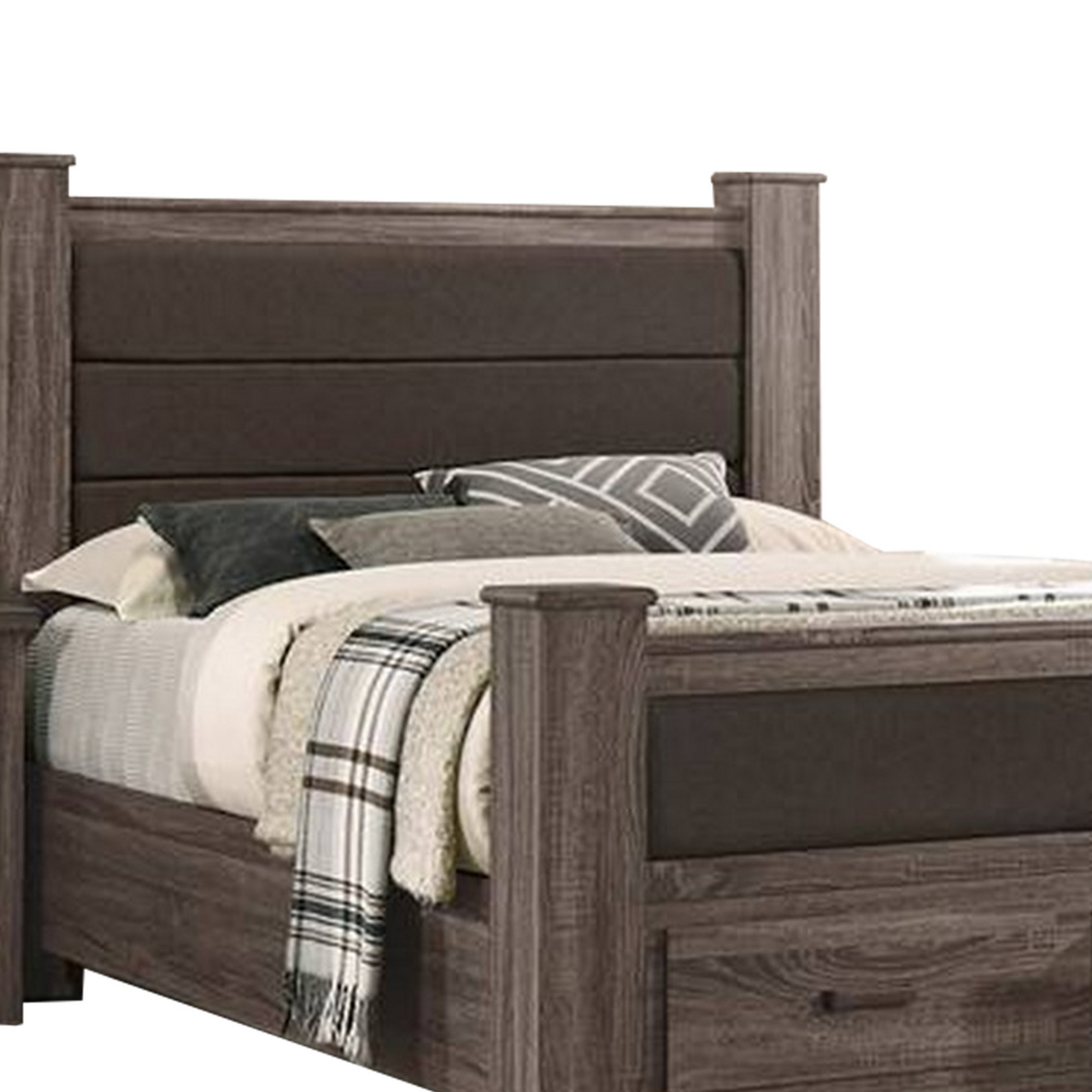 Fort Classic Queen Sized Bed With 2 Drawers, Upholstered Panel, Oak Gray- Saltoro Sherpi