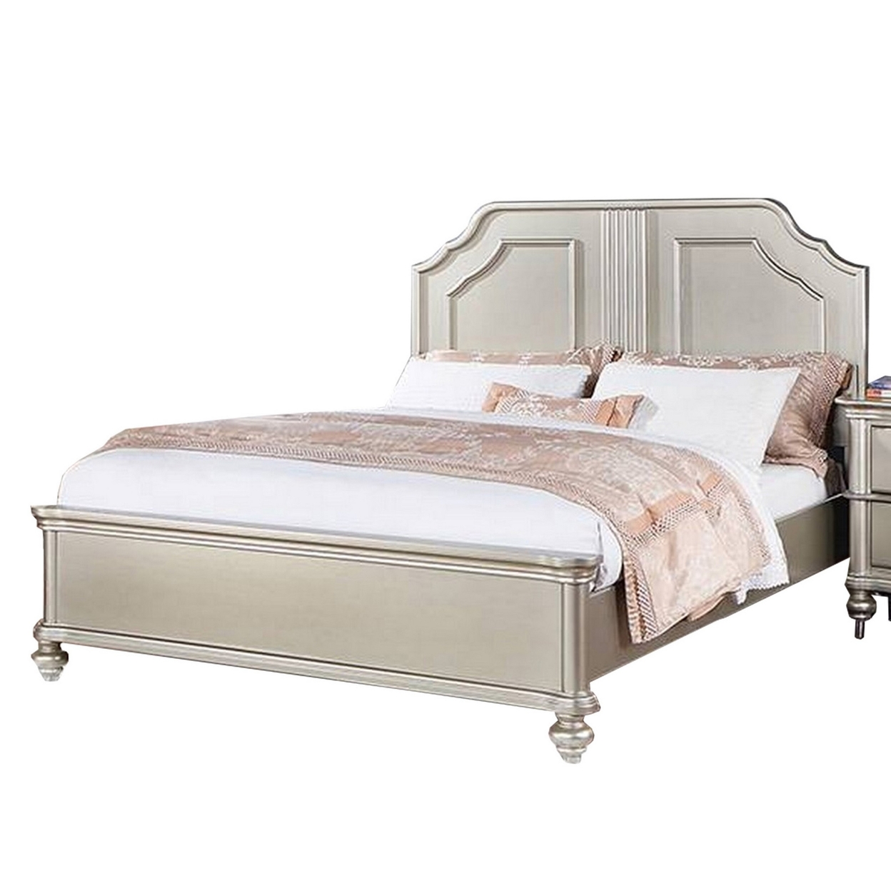 Opp Platform Queen Size Bed With Curved Panel Headboard, Champagne Silver- Saltoro Sherpi