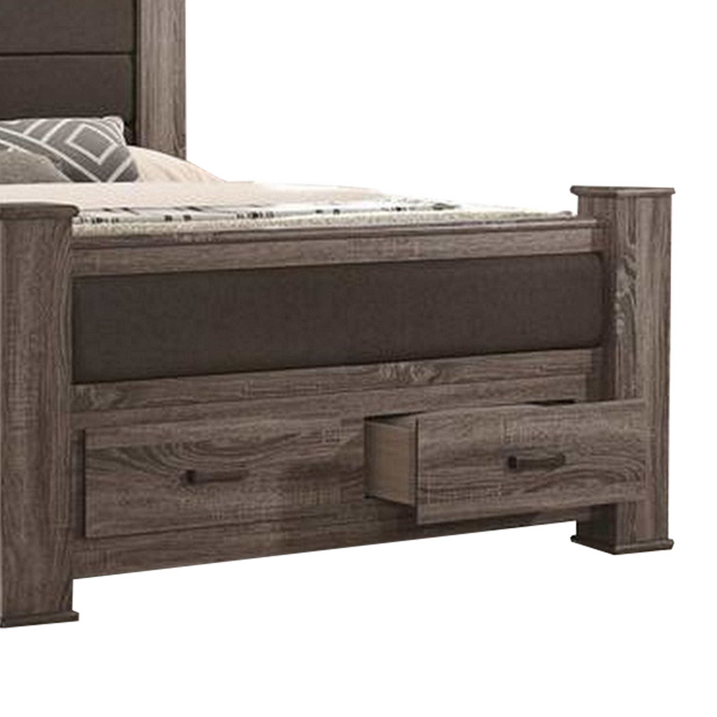 Fort Classic Wood King Size Bed With 2 Drawers, Upholstered Panel, Oak Gray- Saltoro Sherpi