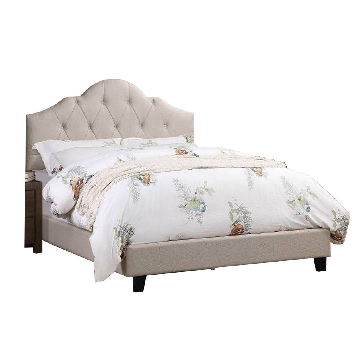 Eni Upholstered Full Size Bed, Tufted Adjustable Headboard, Taupe Fabric- Saltoro Sherpi