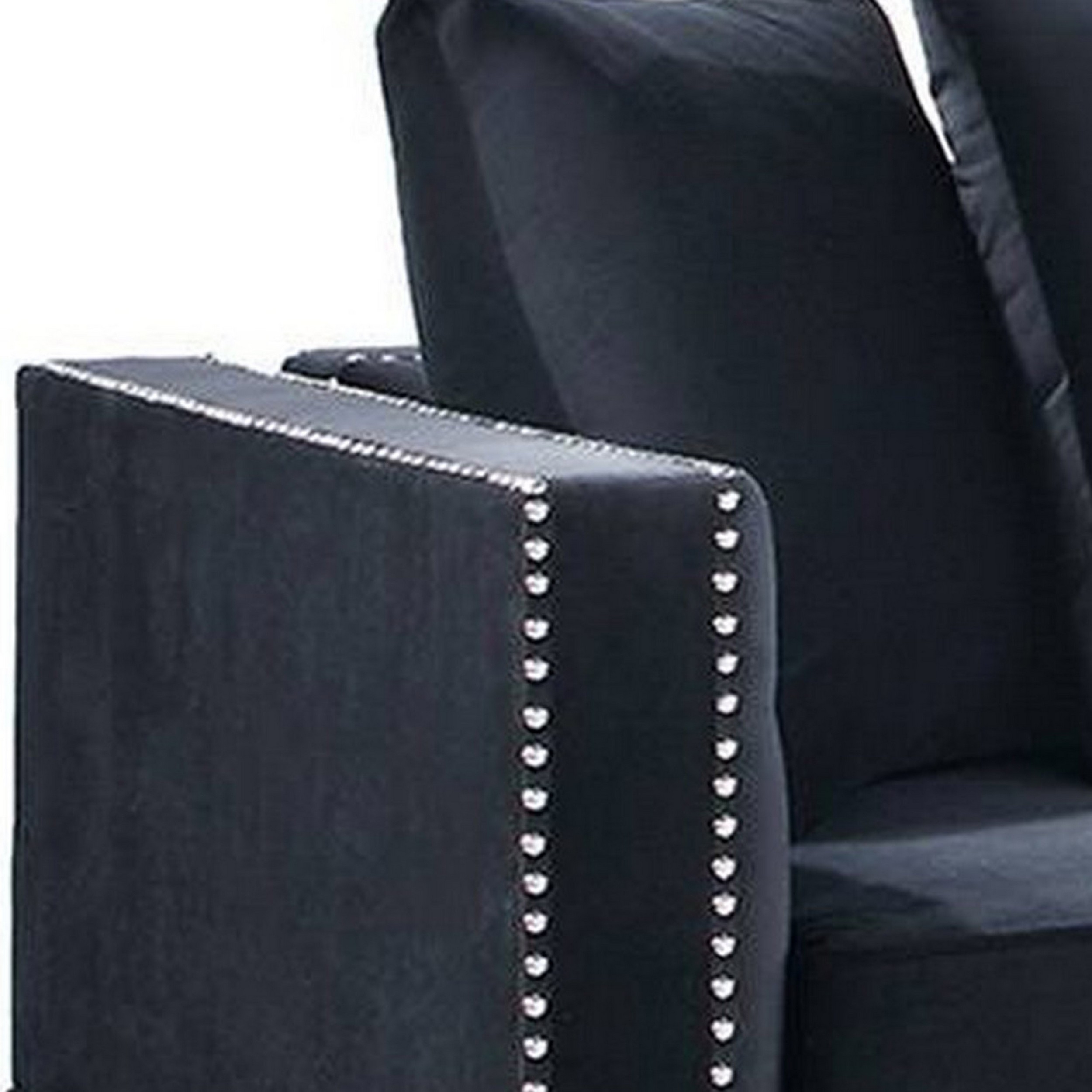 Mina 58 Inch One Arm Reversible Chaise, 2 Pillows, Nailhead Trim, Black - Saltoro Sherpi