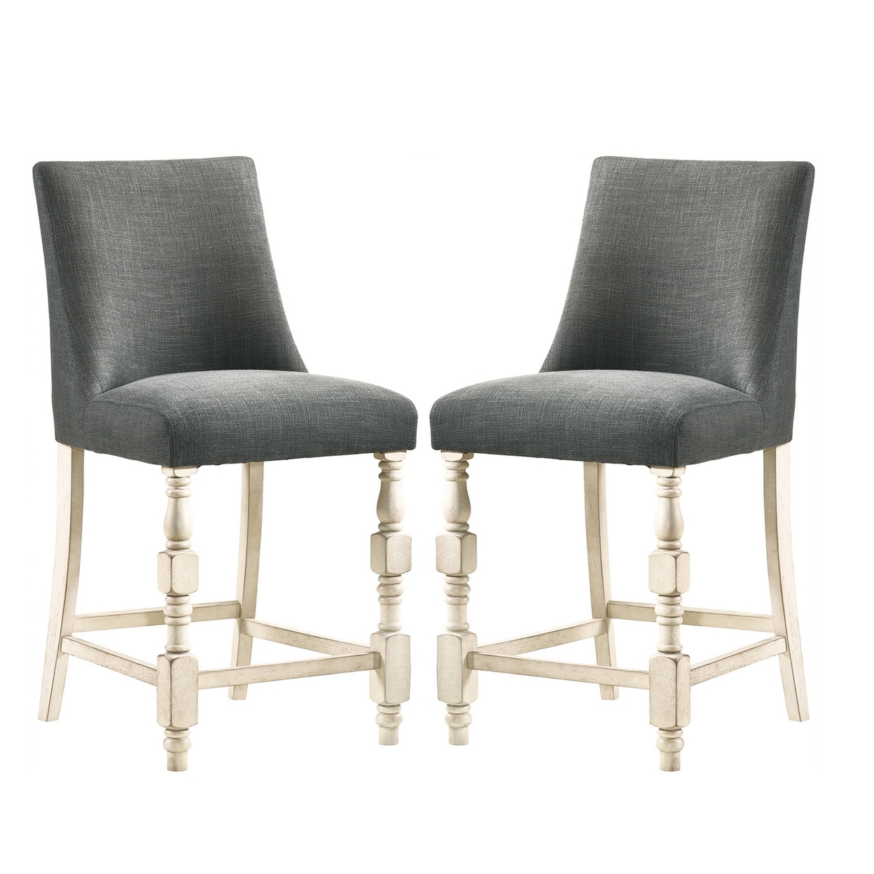 Swan 26 Inch Counter Height Chair, Set Of 2, Gray Seat, Ivory Turned Legs- Saltoro Sherpi