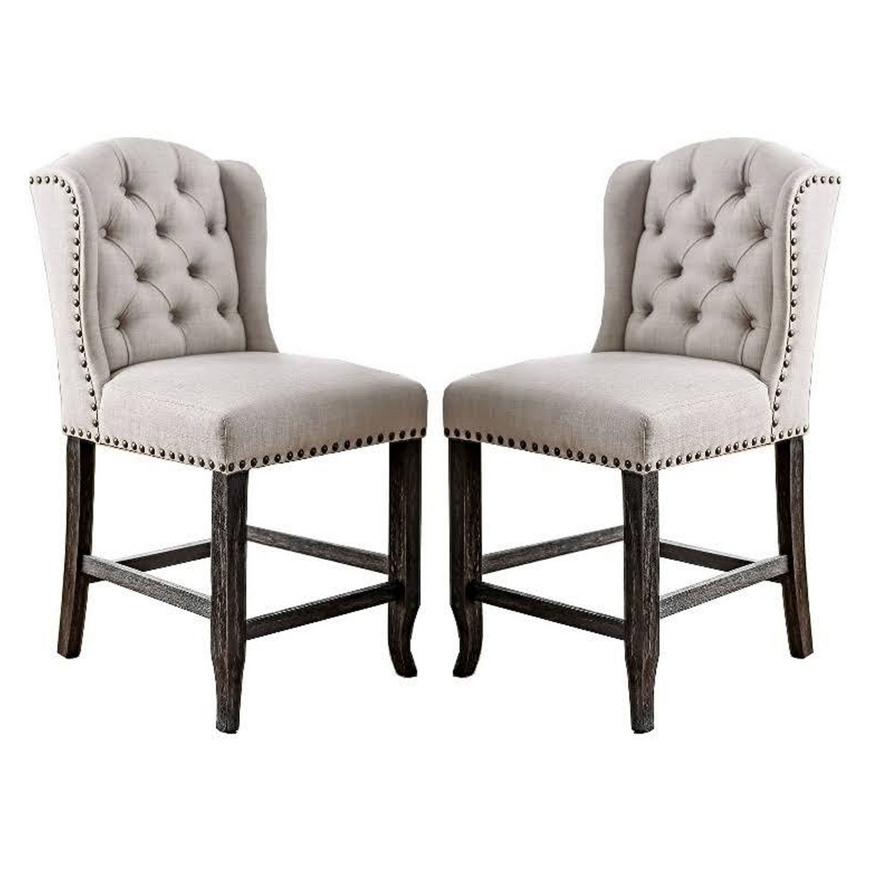 Bega 24 Inch Counter Height Chair, Set Of 2, Wingback, Tufted, Light Gray- Saltoro Sherpi