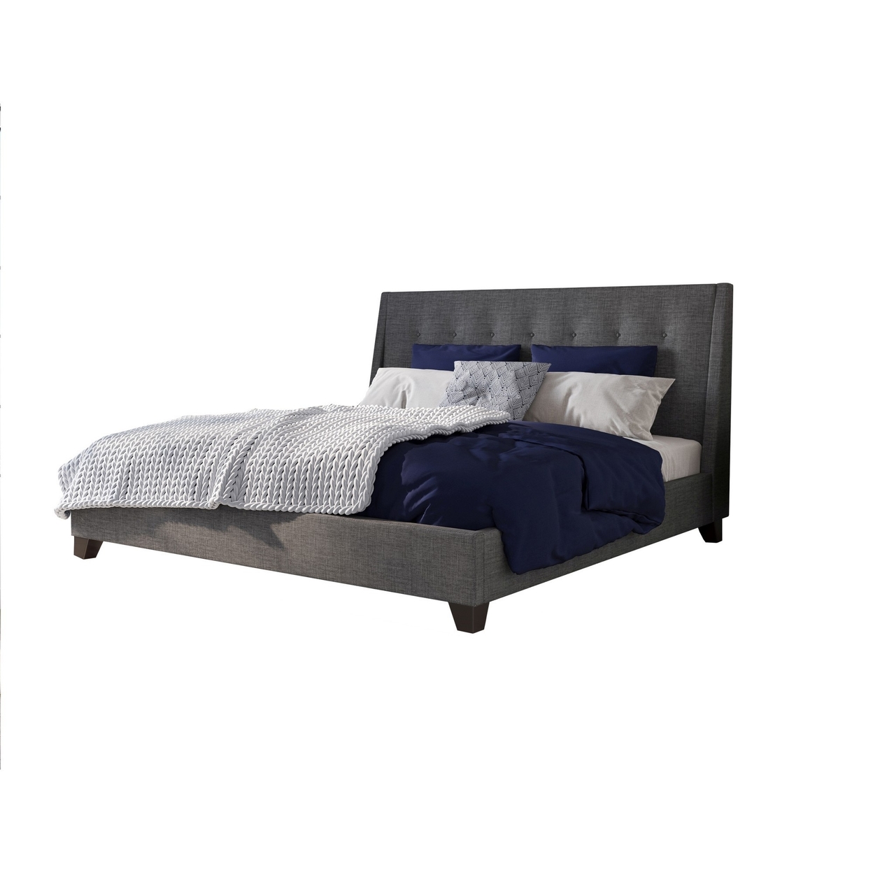 Atina Full Bed, Dark Charcoal Gray Linen Upholstered, Slanted Headboard - Saltoro Sherpi