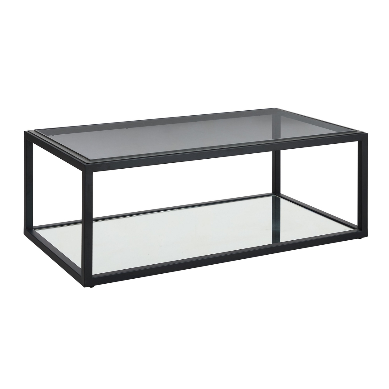 Hayes 48 Inch Coffee Table, Glass Tabletop, Metal Frame, Mirrored Shelf- Saltoro Sherpi