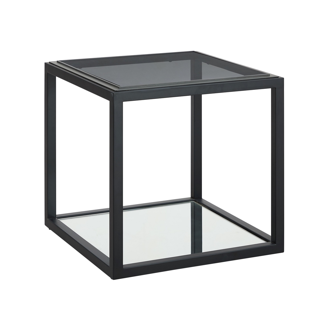 Hayes 22 Inch Square End Table, Glass Tabletop, Metal Frame, Mirrored Shelf- Saltoro Sherpi