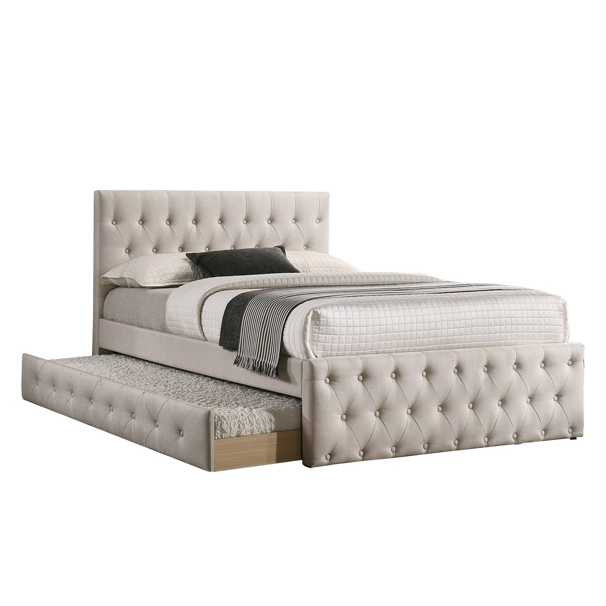 Nek Wood Twin Size Upholstered Bed With Trundle, Tufted, Taupe Burlap Frame- Saltoro Sherpi