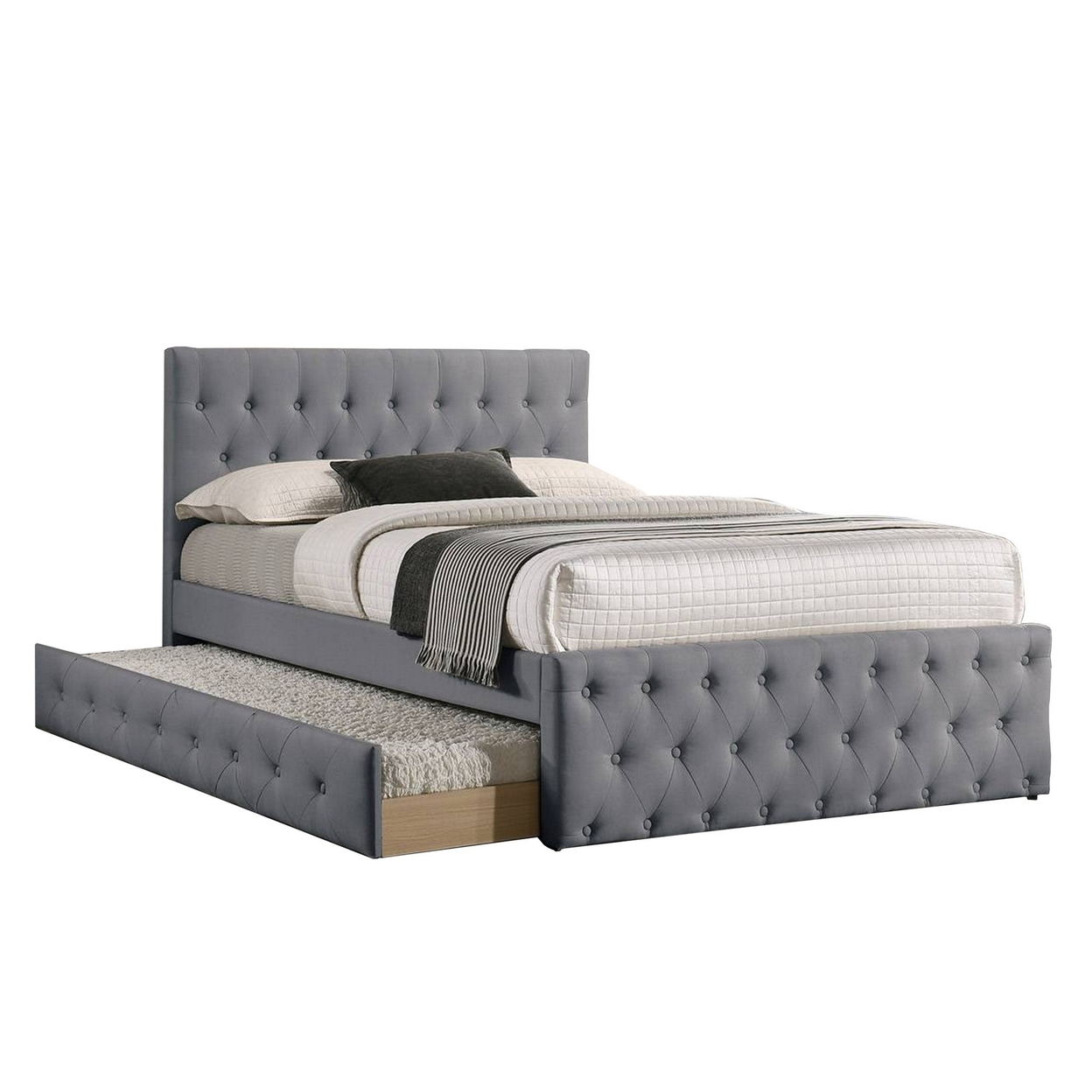 Nek Wood Twin Size Upholstered Bed With Trundle, Tufted Gray Burlap- Saltoro Sherpi