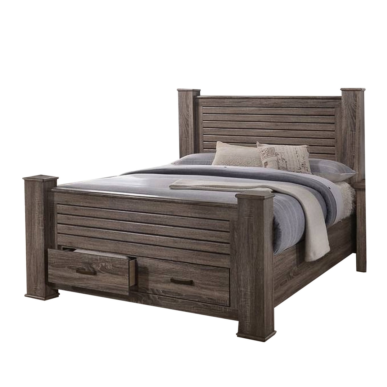 Soma Wood King Size Bed With 2 Gliding Drawers, Metal Bar Handles, Oak Gray- Saltoro Sherpi