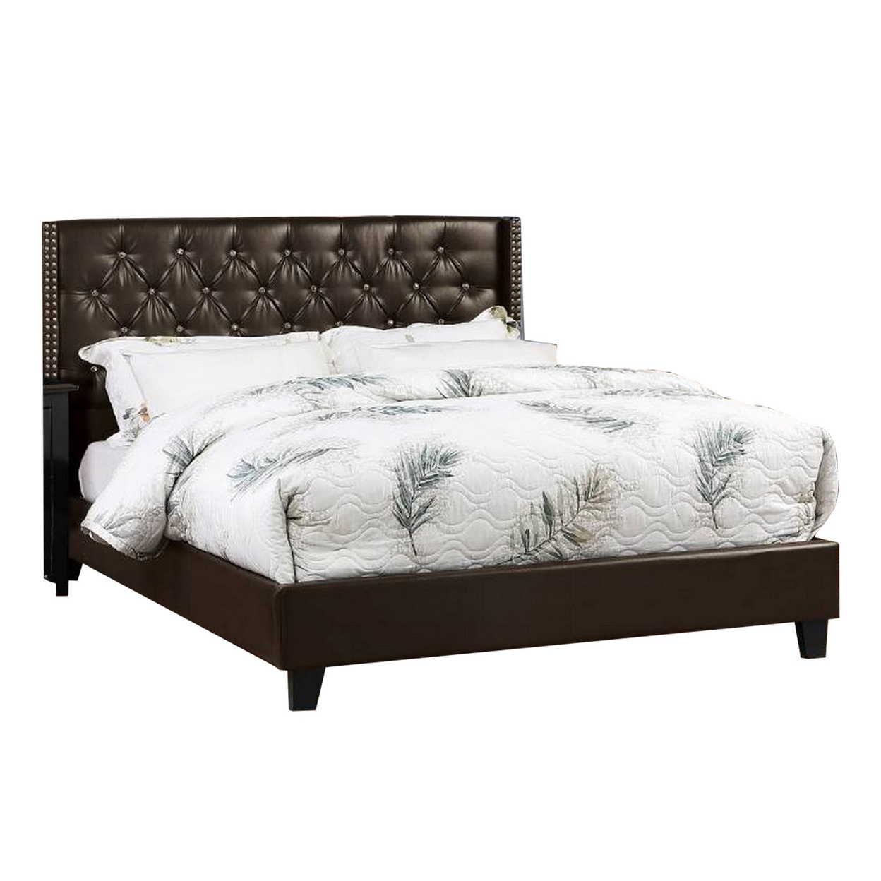 Asu Wood Full Size Bed With Nailhead Trim, Faux Leather Upholstered, Brown- Saltoro Sherpi