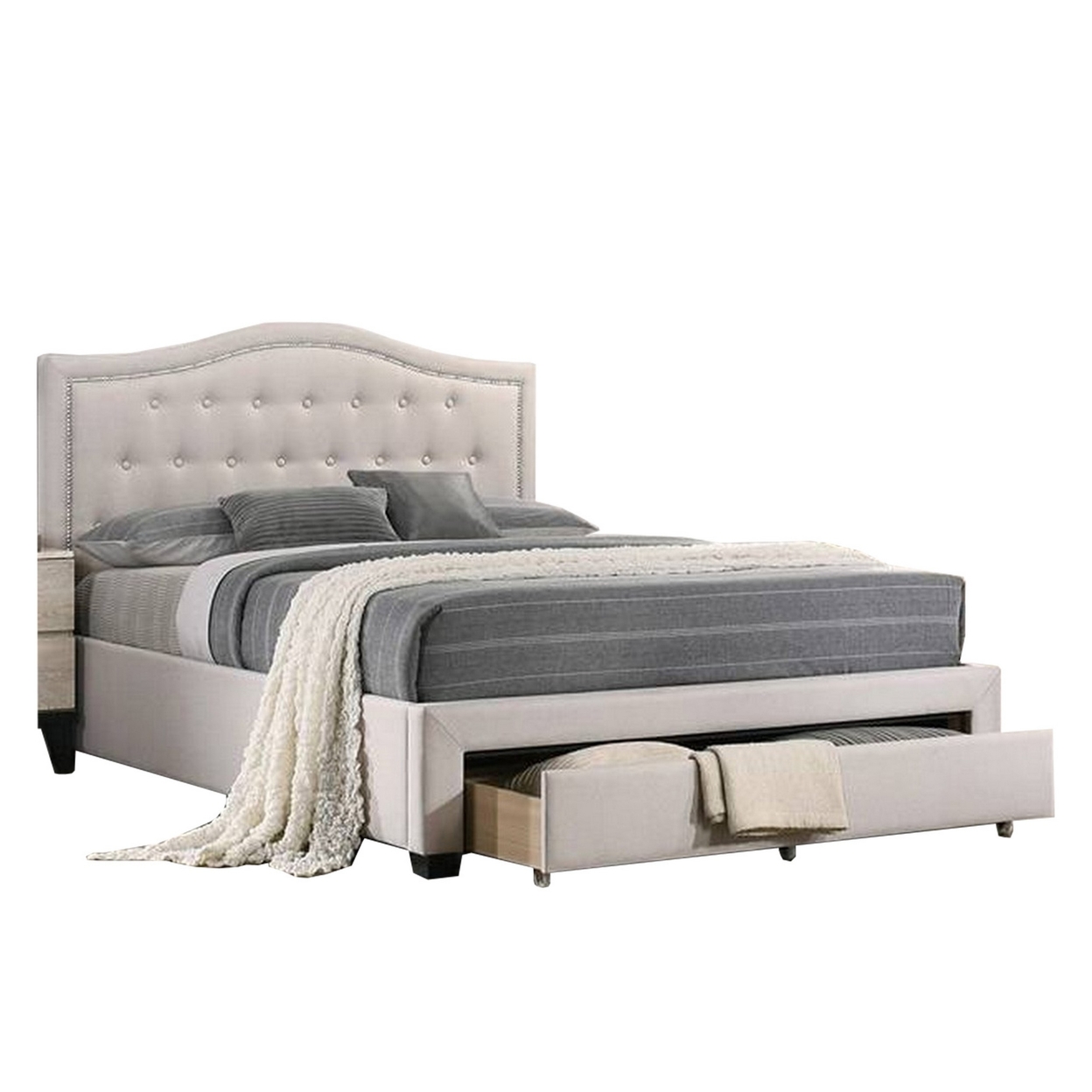 Buk Upholstered Tufted Full Bed With Storage, Nailhead Trim, Ivory Burlap - Saltoro Sherpi