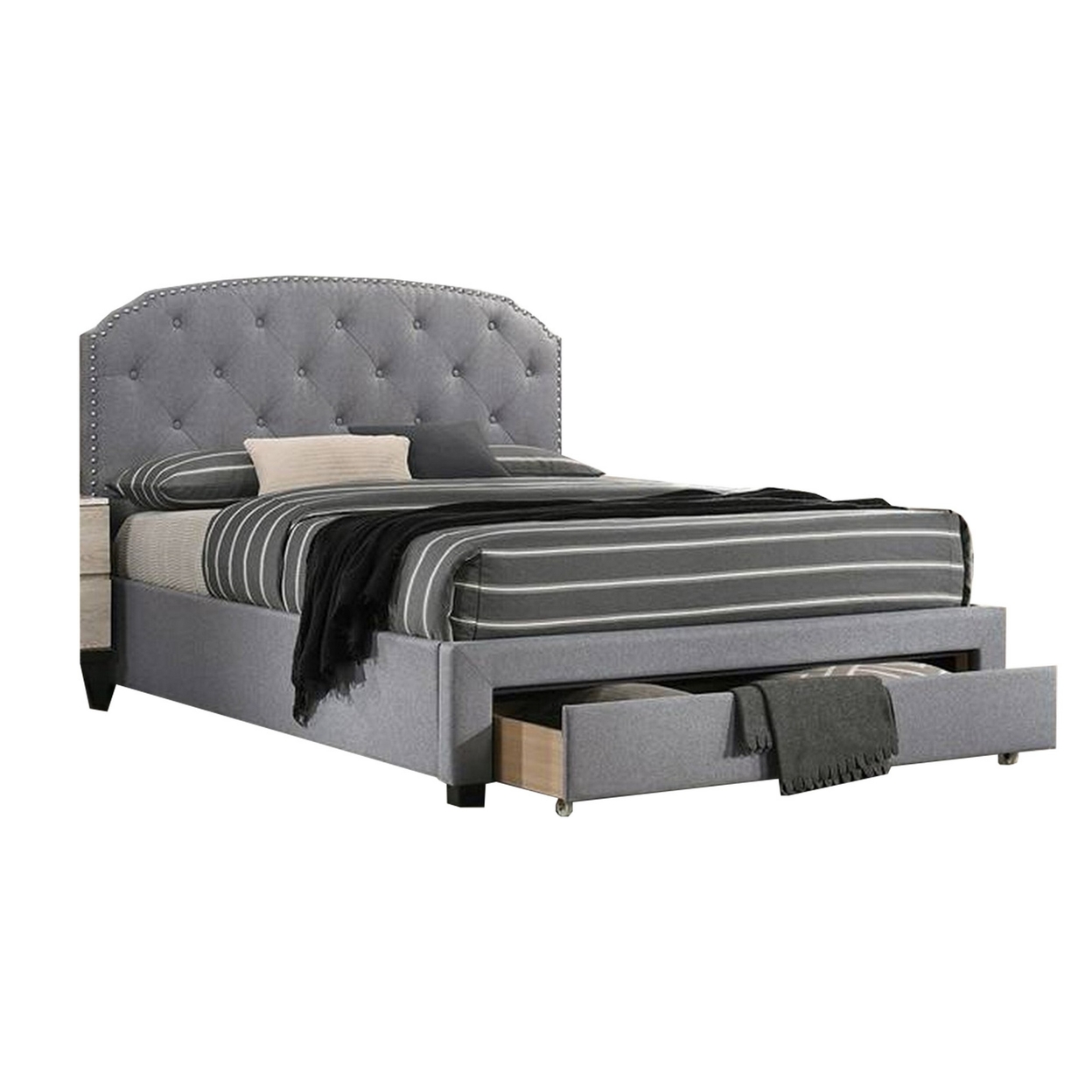 Nue Full Size Upholstered Bed With Curved Tufted Headboard, Gray Burlap- Saltoro Sherpi