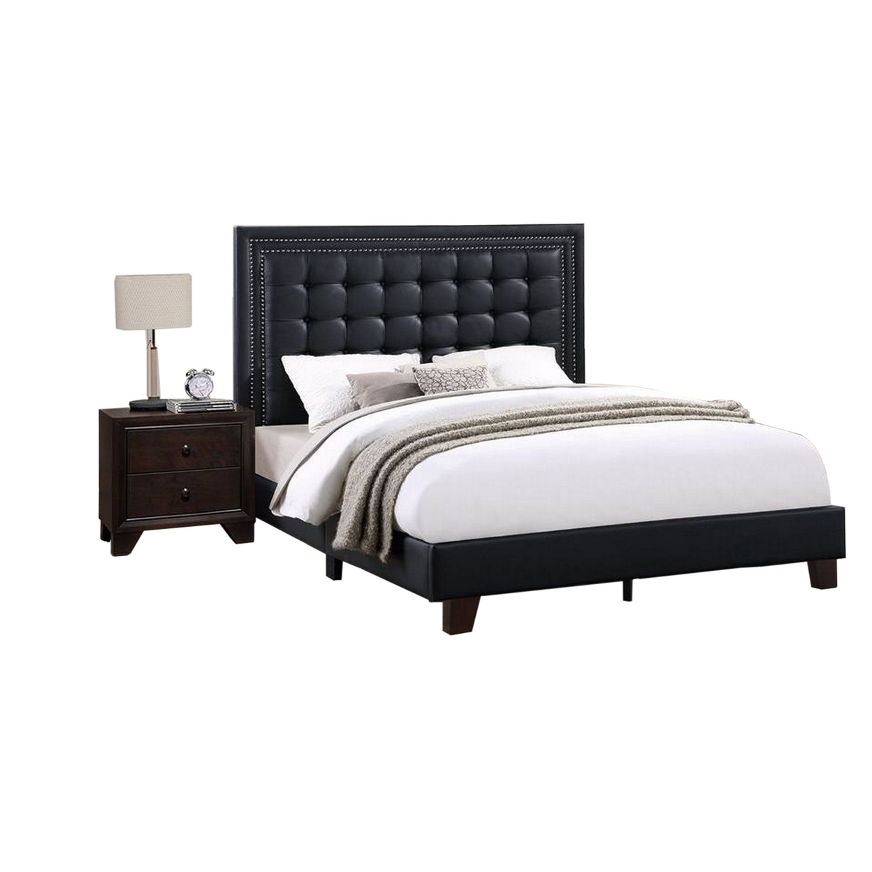 Vea Modern Platform Queen Bed, Deep Tufted Upholstery, Black Faux Leather- Saltoro Sherpi