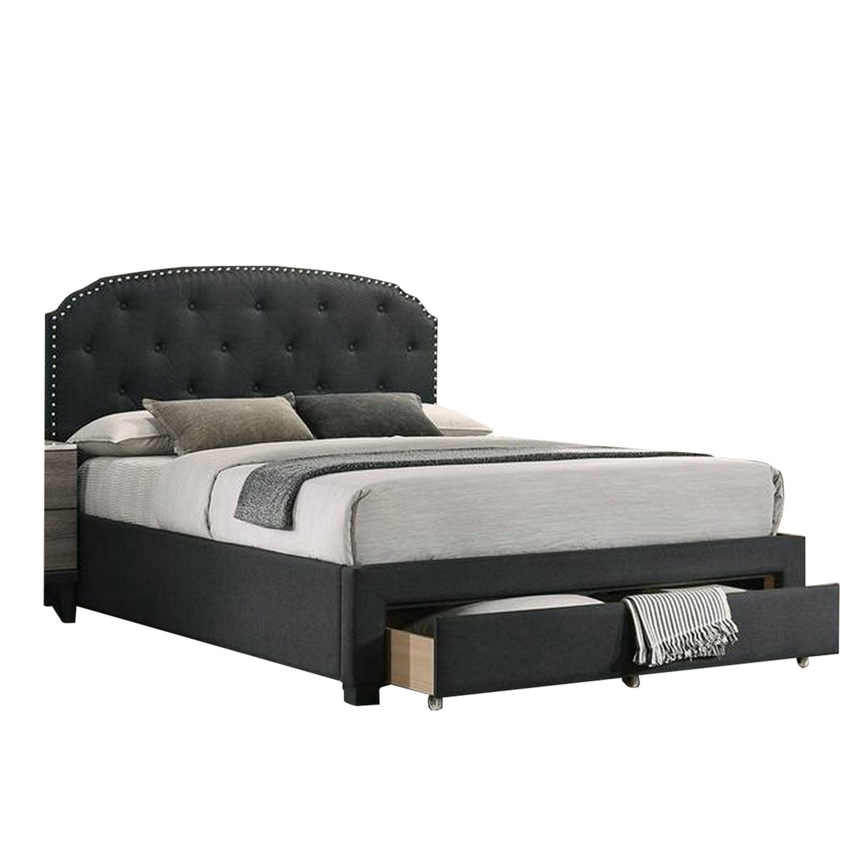 Nue Full Size Upholstered Bed, Curved Tufted Headboard, Nailhead, Charcoal- Saltoro Sherpi