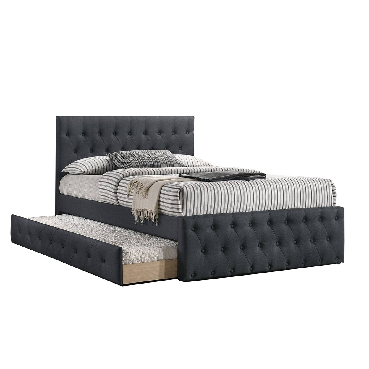 Nek Wood Twin Size Upholstered Bed With Trundle, Tufted Charcoal Burlap- Saltoro Sherpi