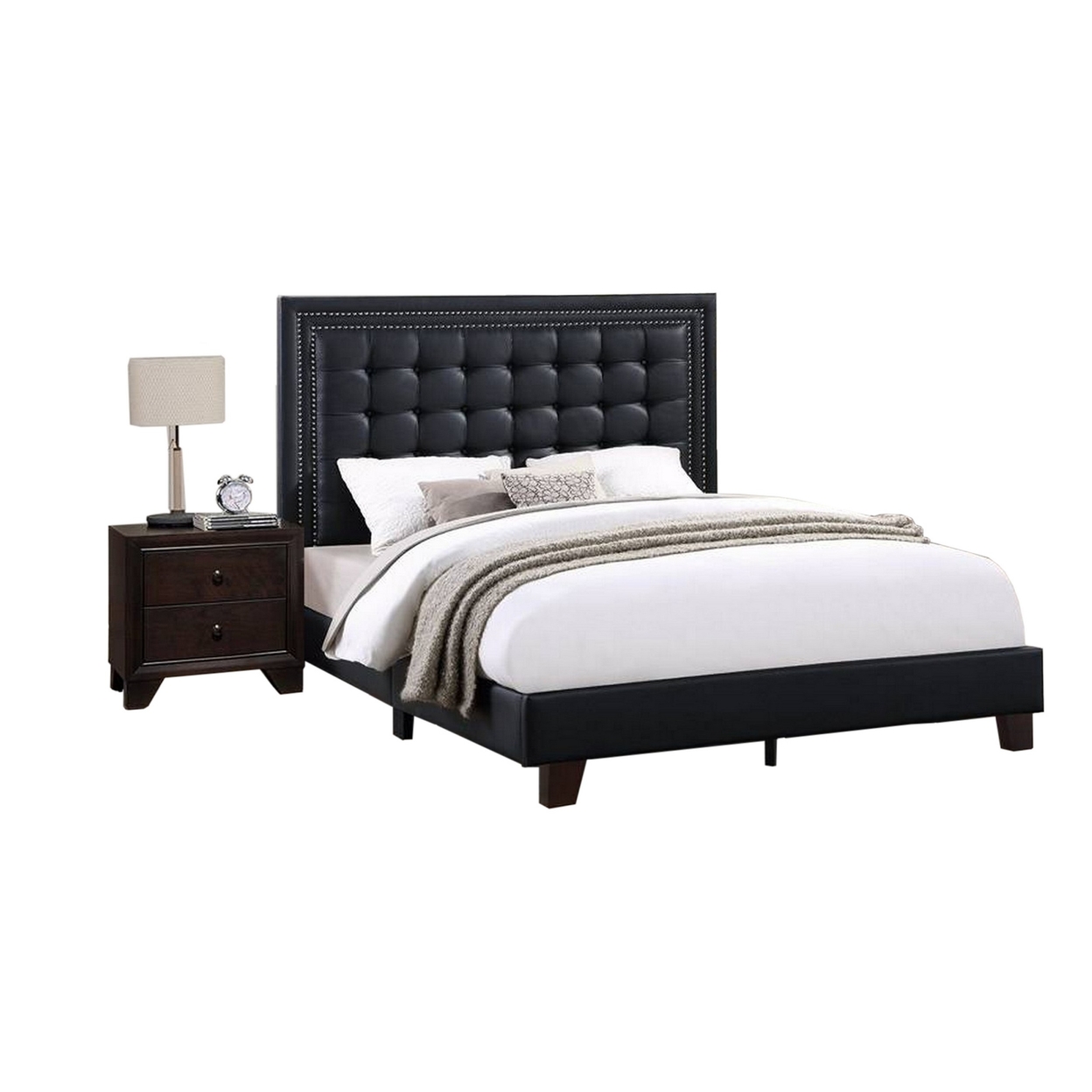 Vea Modern Platform Full Bed, Deep Tufted Upholstery, Black Faux Leather- Saltoro Sherpi