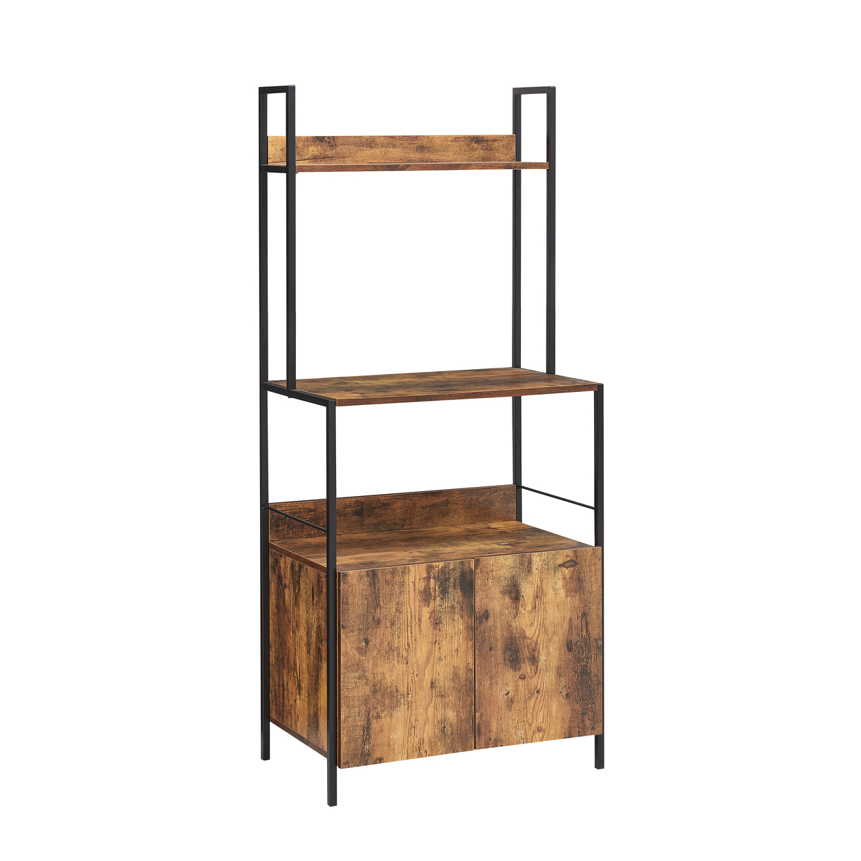 66 Inch Industrial Style 3 Tier Kitchen Baker Rack With Storage Cabinet, Rustic Brown, Black Metal Frame