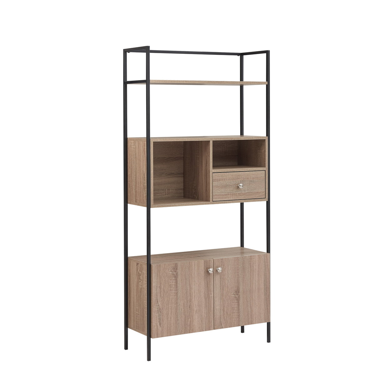 66 Inch 3 Tier Etagere Bookcase With Open Compartment, Cabinet, Black Metal Frame, Light Natural Brown