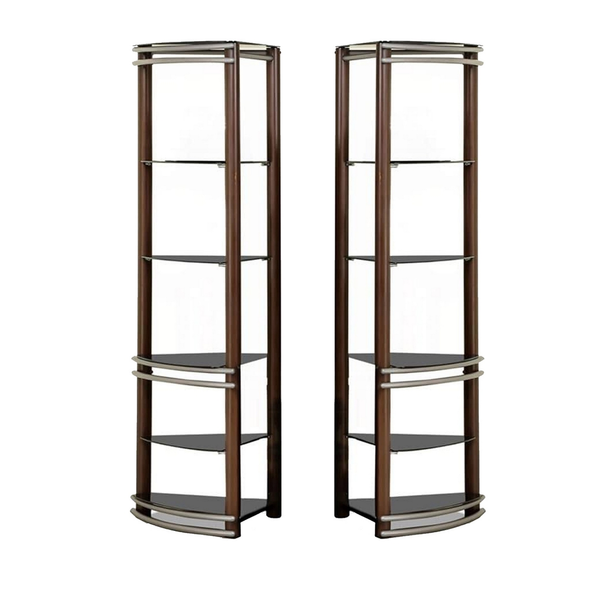 Lein 65 Inch Pier Shelf, Brown, Silver Metal Frame, Glass Shelves, Set Of 2- Saltoro Sherpi