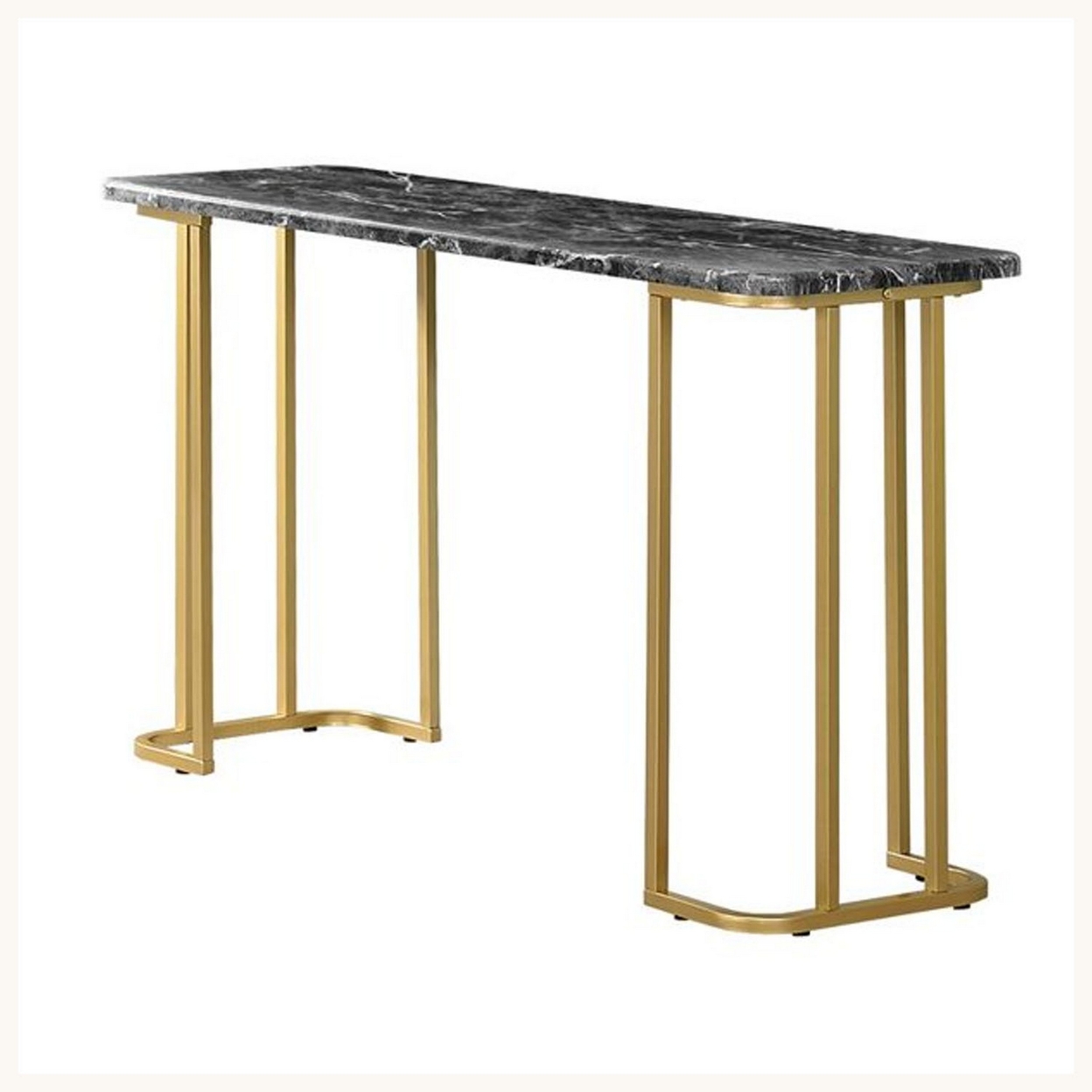Hume 47 Inch Sofa Console Table, Black Faux Marble, Geometric Gold Steel- Saltoro Sherpi