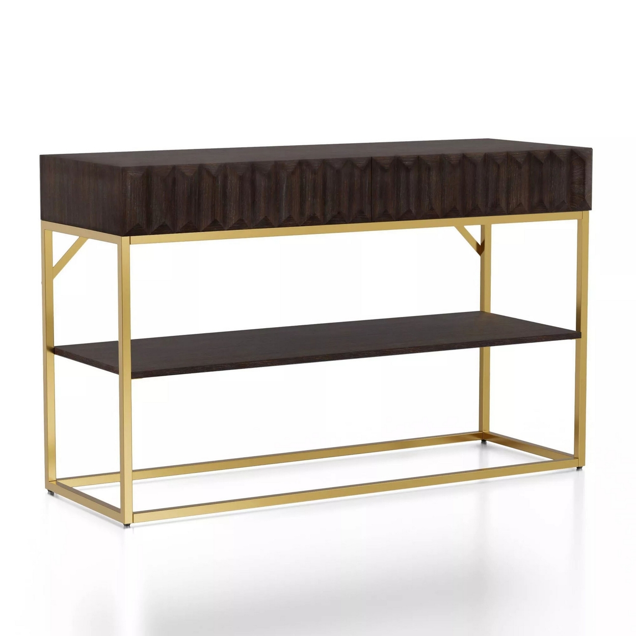 Bran 48 Inch Sofa Console Table, Brown Wood, Gold Steel Base, 2 Drawers- Saltoro Sherpi