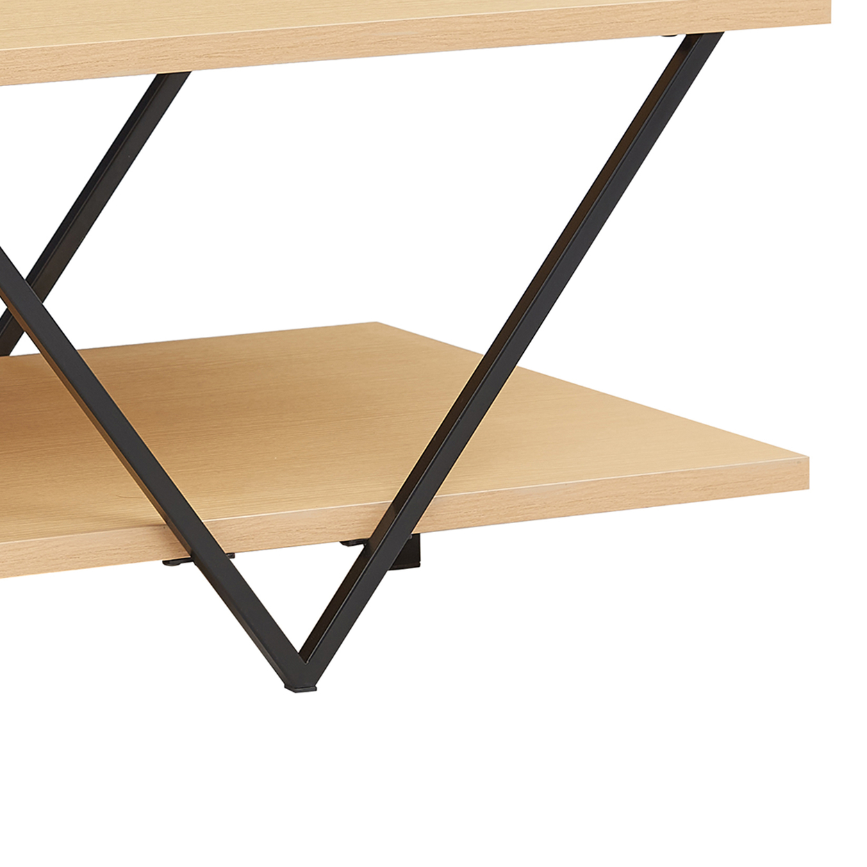 48 Inch 2 Tier Top Coffee Table With Bottom Shelf, V Shape Black Metal Legs, Light Maple Wood