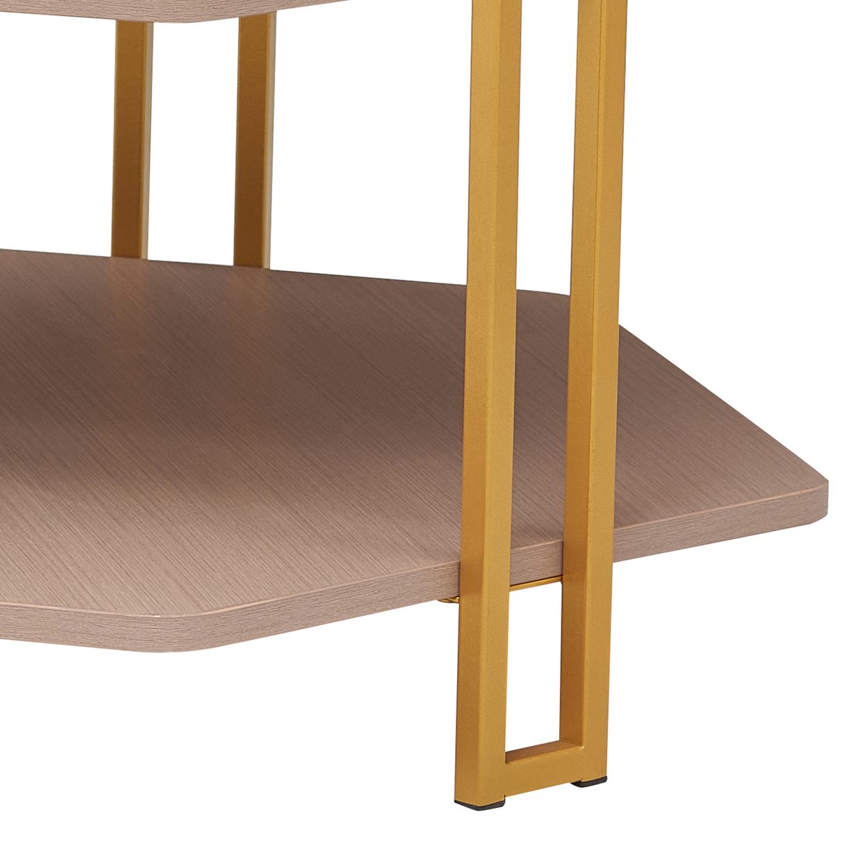 36 Inch Hexagonal Modern Coffee Table, Wood Top And Shelf, Gold Metal Legs