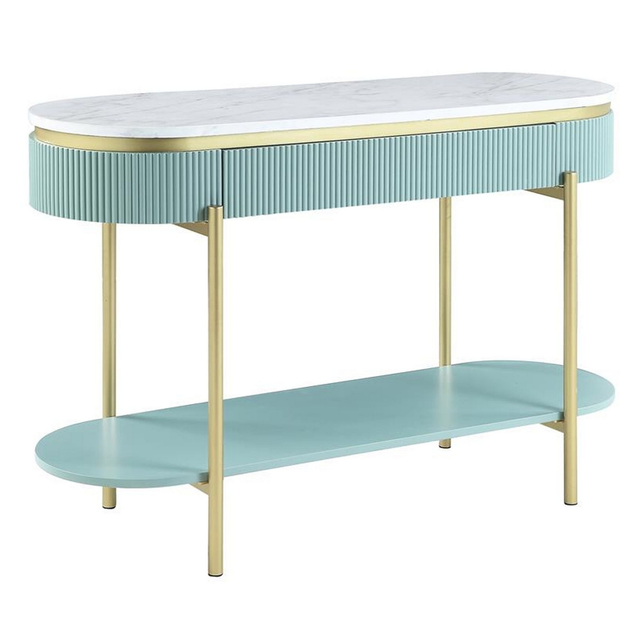 Ville 48 Inch Sofa Console Table, White Faux Marble Top, Teal Reeded Edge- Saltoro Sherpi