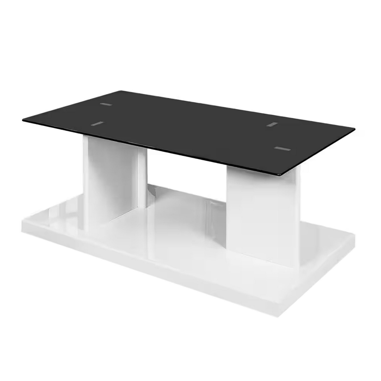Liam 47 Inch Rectangular Coffee Table, White Wood, Pedestal Base, Glass Top- Saltoro Sherpi