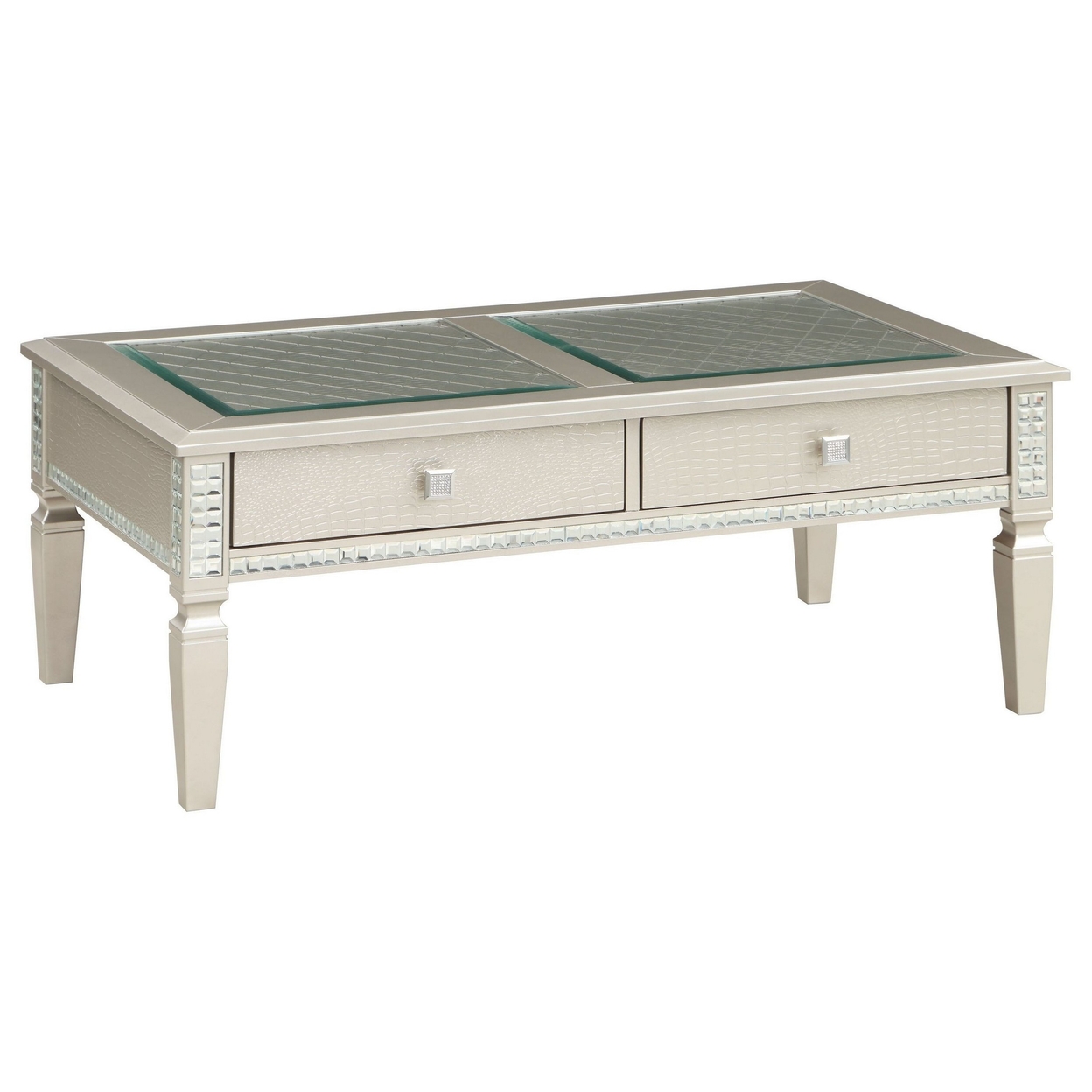 Trace 48 Inch Coffee Table, Tempered Glass Top, 2 Drawers, Mirror Inserts- Saltoro Sherpi