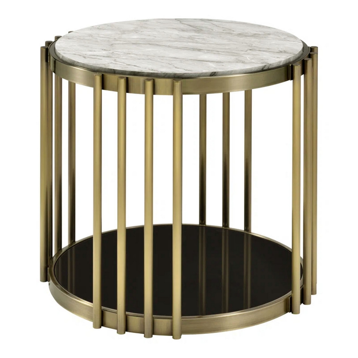 Kein 26 Inch Round Side End Table, White Faux Marble Top, Brass Steel Frame- Saltoro Sherpi