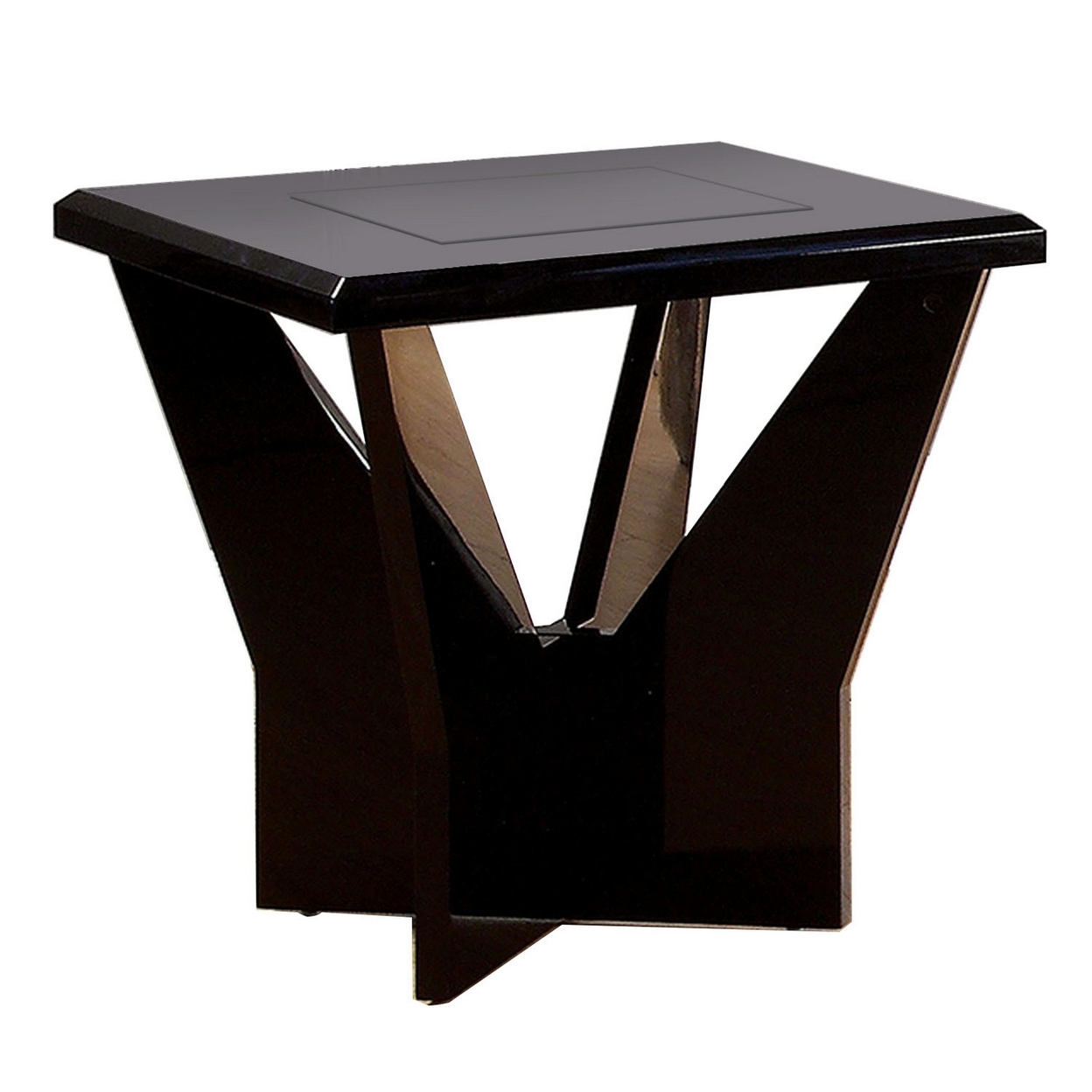 Pera 24 Inch Modern Side End Table, Black Glass Insert, Geometric, Black- Saltoro Sherpi