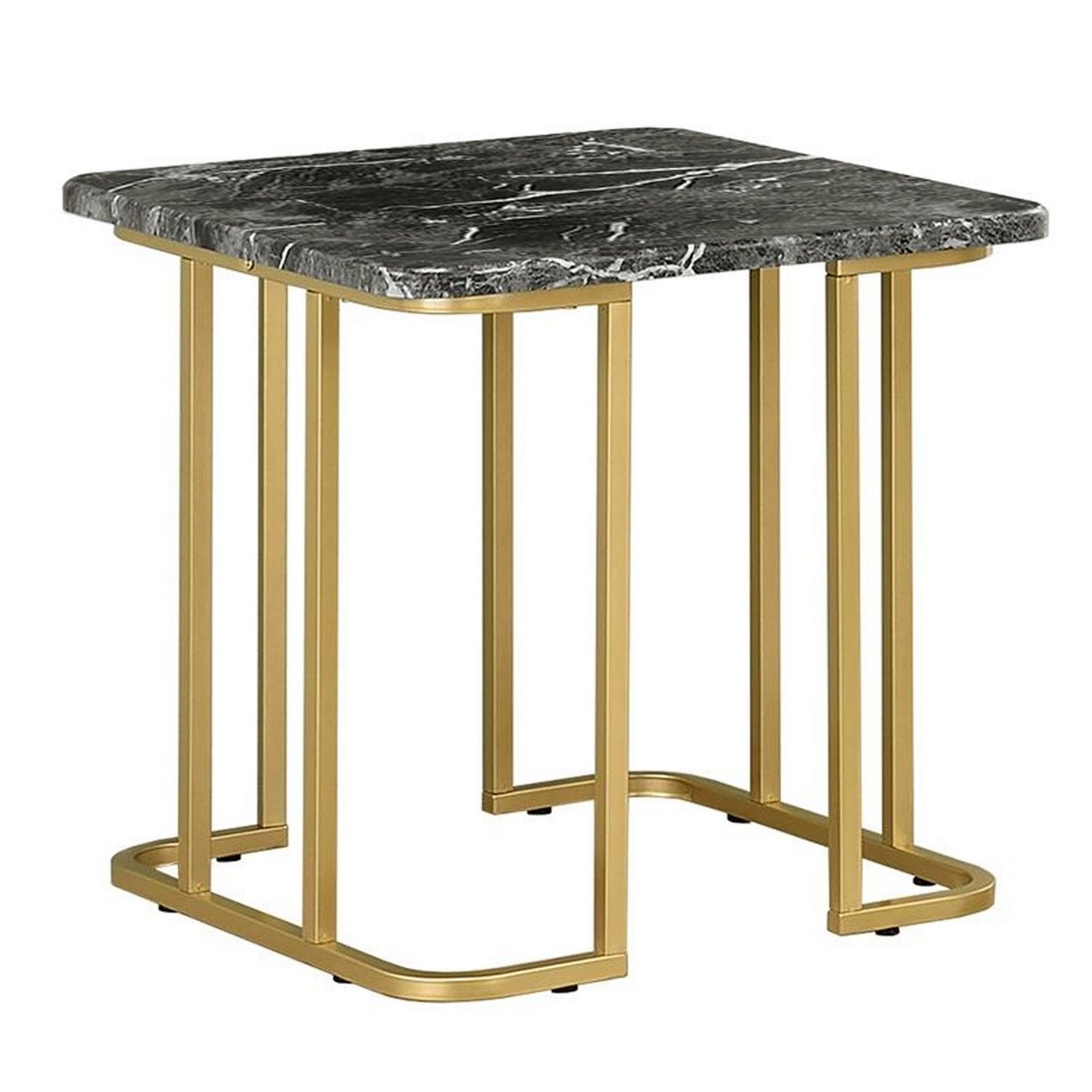 Hume 24 Inch Side End Table, Black Faux Marble, Geometric Gold Steel Base - Saltoro Sherpi