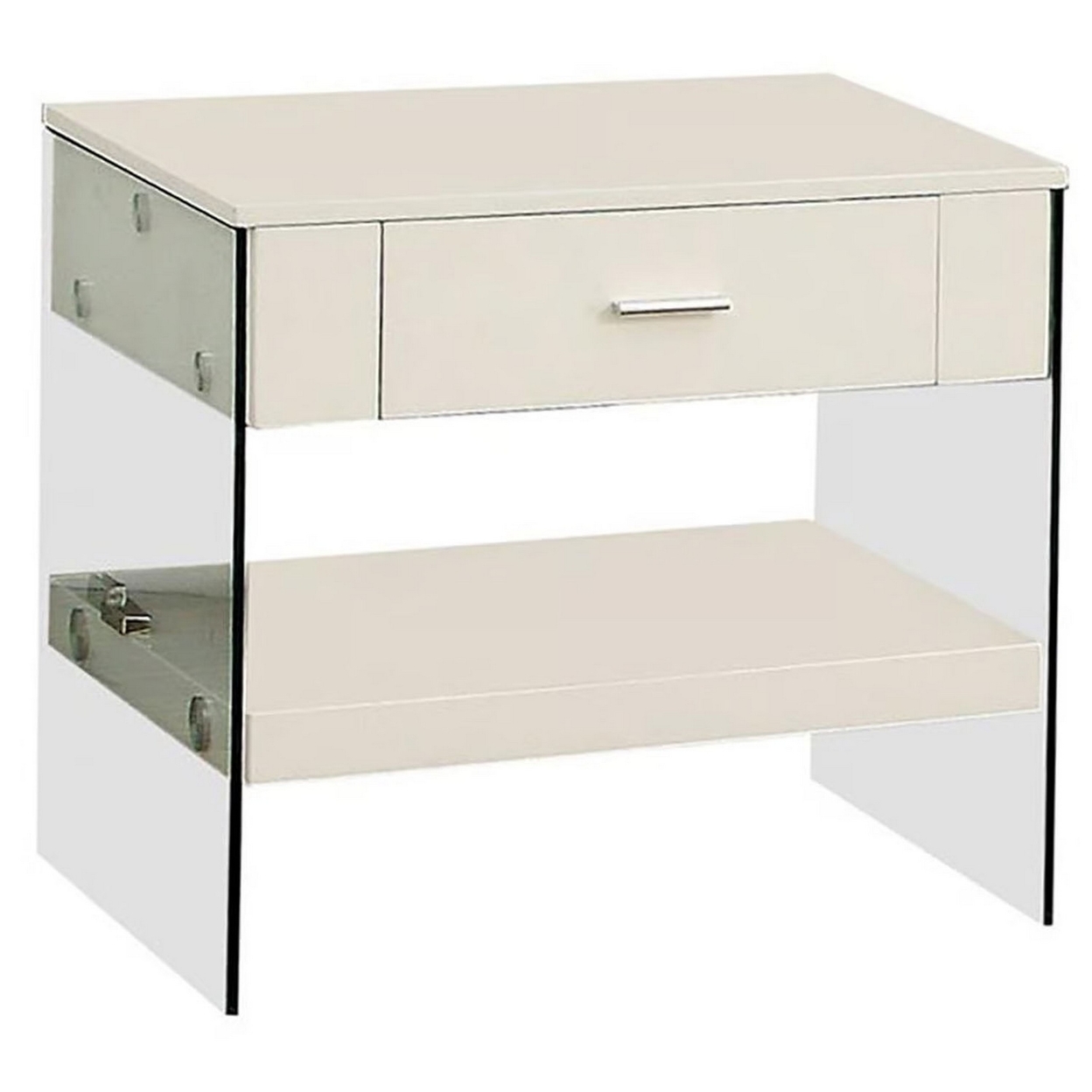Stub 23 Inch Side End Table, Glossy White Wood, Glass Side Panels, 1 Drawer- Saltoro Sherpi