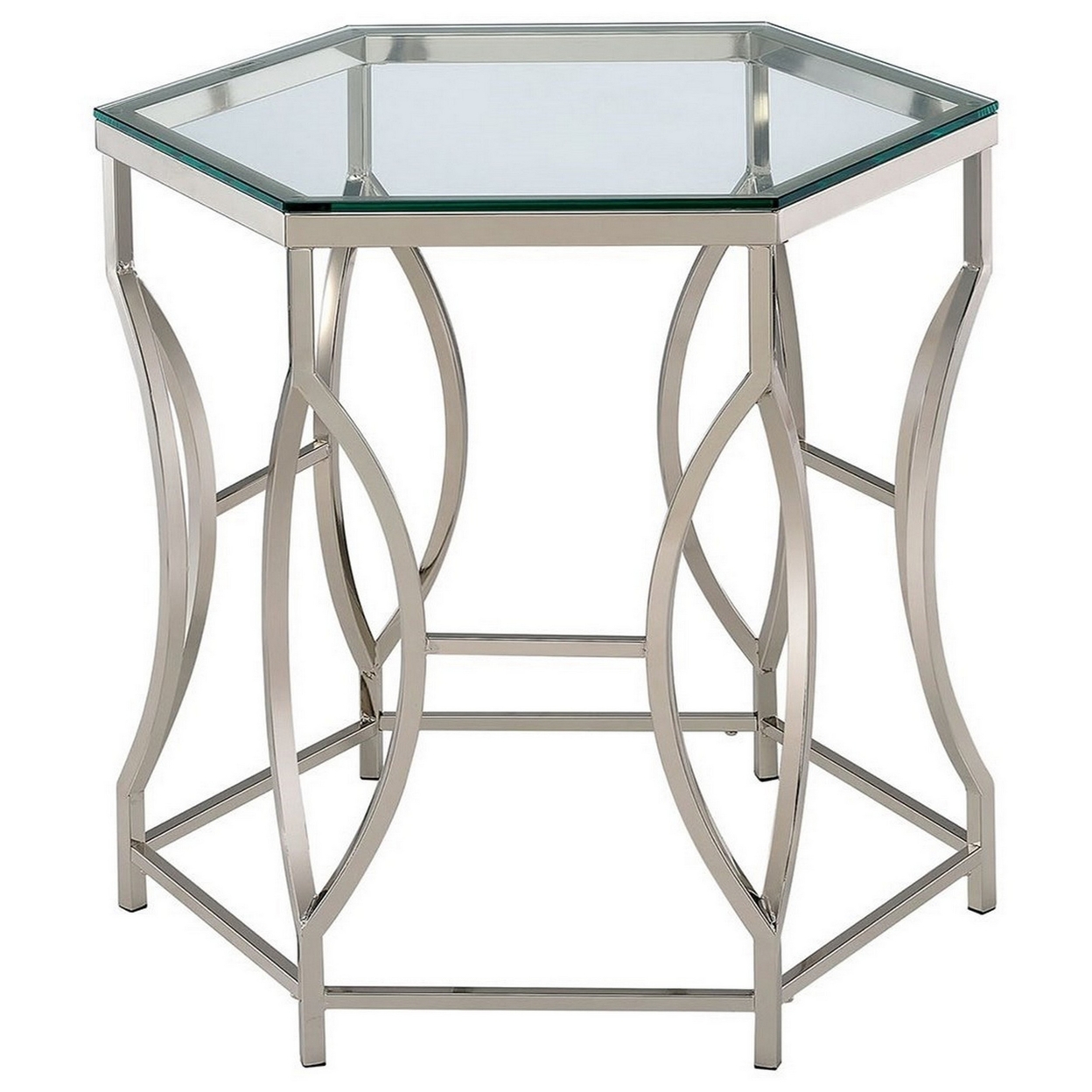Slade 26 Inch Side End Table, Hexagonal Glass Top, Geometric Base, Chrome- Saltoro Sherpi
