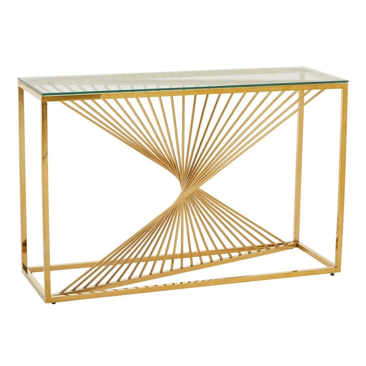 Glen 47 Inch Sofa Console Table, Tempered Glass Top, Twisted Slatted Design- Saltoro Sherpi