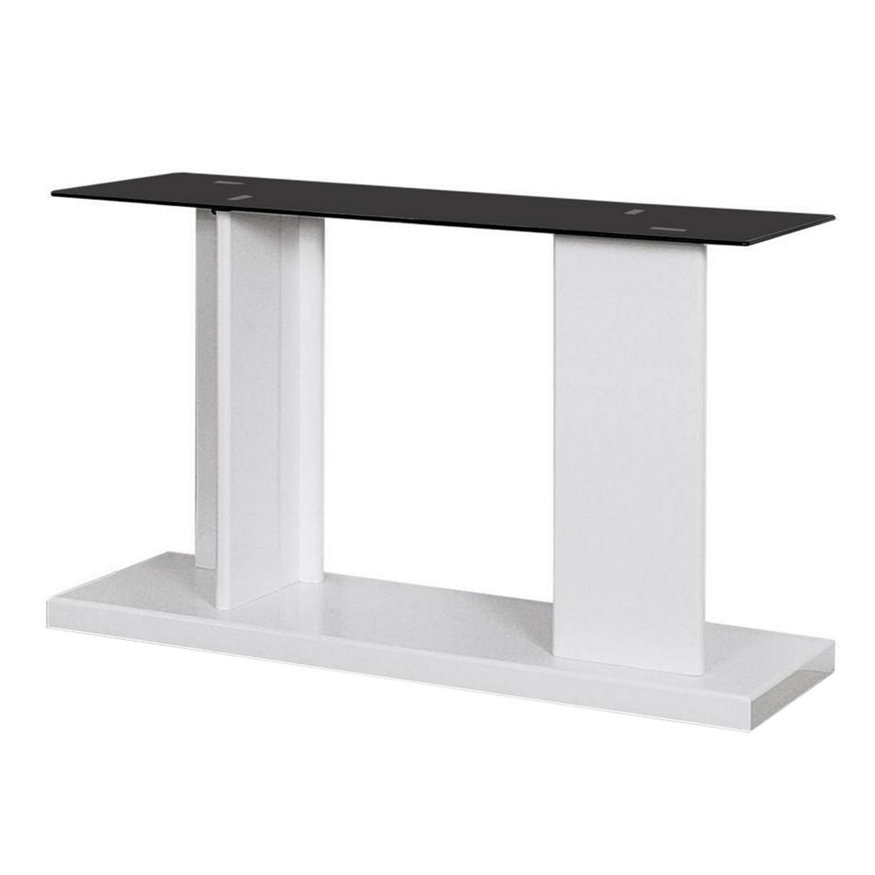 Liam 47 Inch Sofa Console Table, White Wood, Pedestal Base, Black Glass Top- Saltoro Sherpi