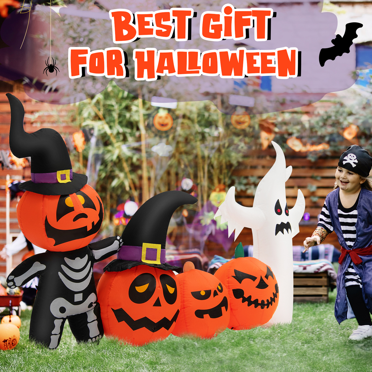 7.4FT Long Inflatable Ghost Halloween Festival Pumpkin Ghost Combination W/ LED Lights