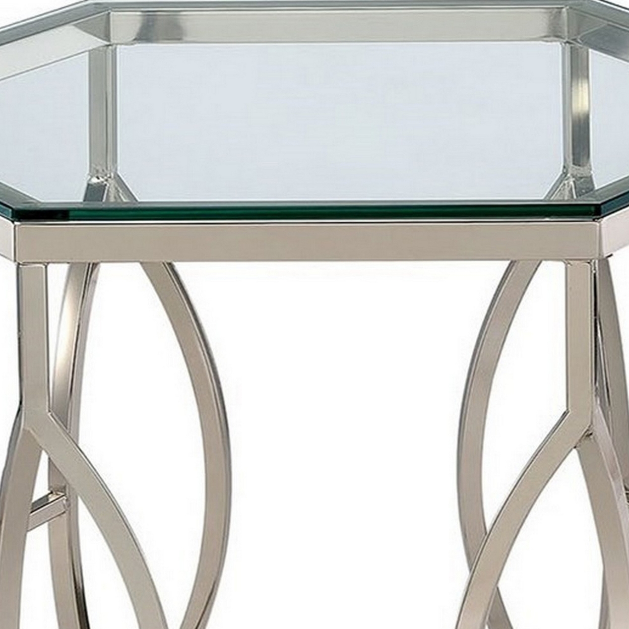 Slade 26 Inch Side End Table, Hexagonal Glass Top, Geometric Base, Chrome- Saltoro Sherpi