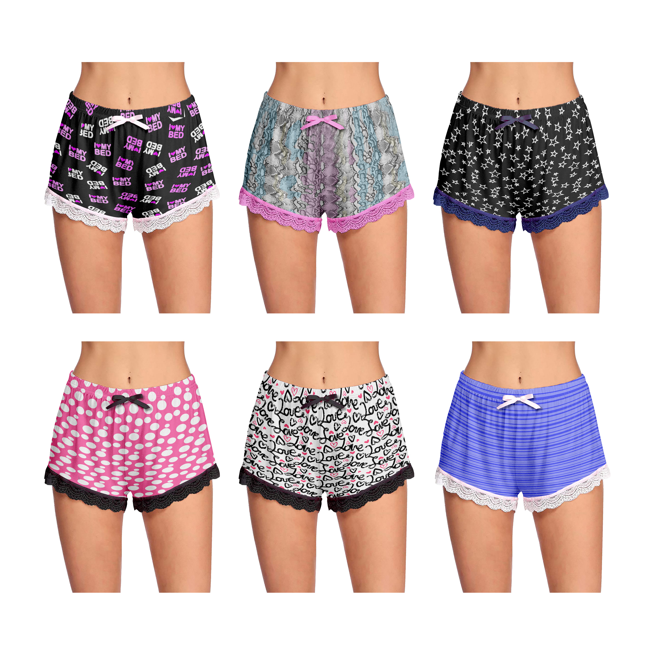 6-Pack Women's Casual Pajama Shorts Stretchy Laced Hem Relaxed Fit Yoga Printed Ladies Bottom - L