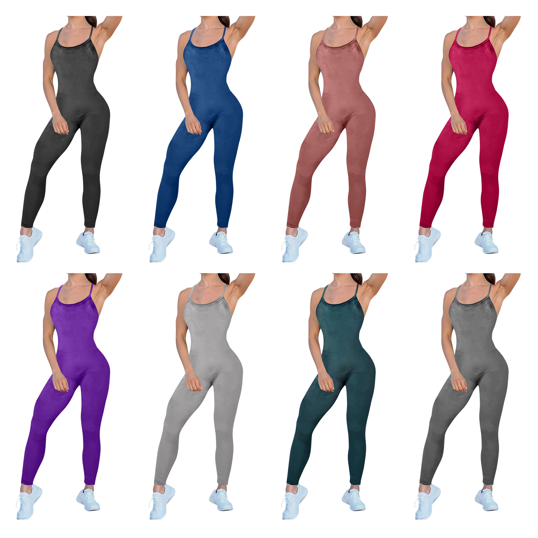 2-Pack Women's Spaghetti Strap Velour Jumpsuits One Piece Full Length Bodycon Sleeveless Yoga Exercise Rompers - L