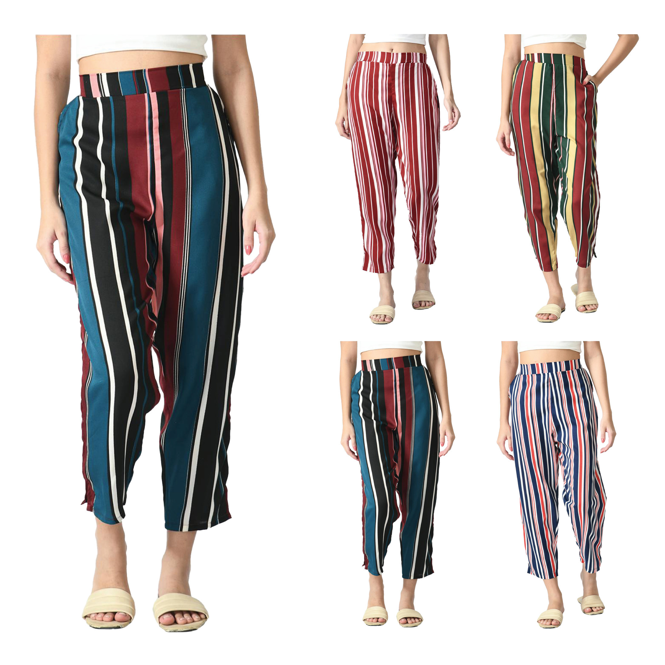 3-Pack Women's Cotton Palazzo Pants Striped Print Soft & Comfortable Western Style Regular Fit Ladies Trouser - S