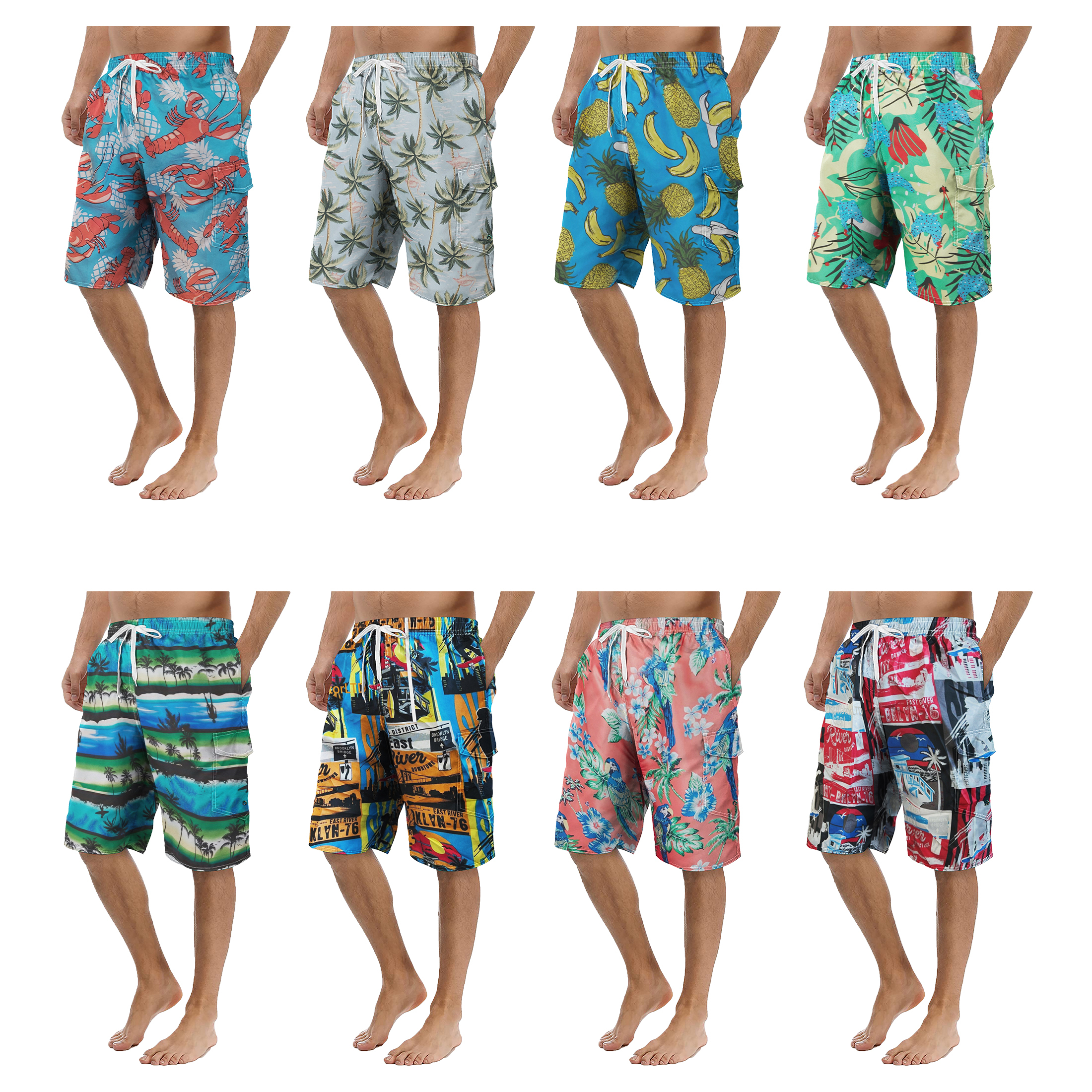 2-Pack Men's Quick Dry Printed Cargo Swim Shorts With Pockets Regular Flex Bathing Board Suits & Trunks - L