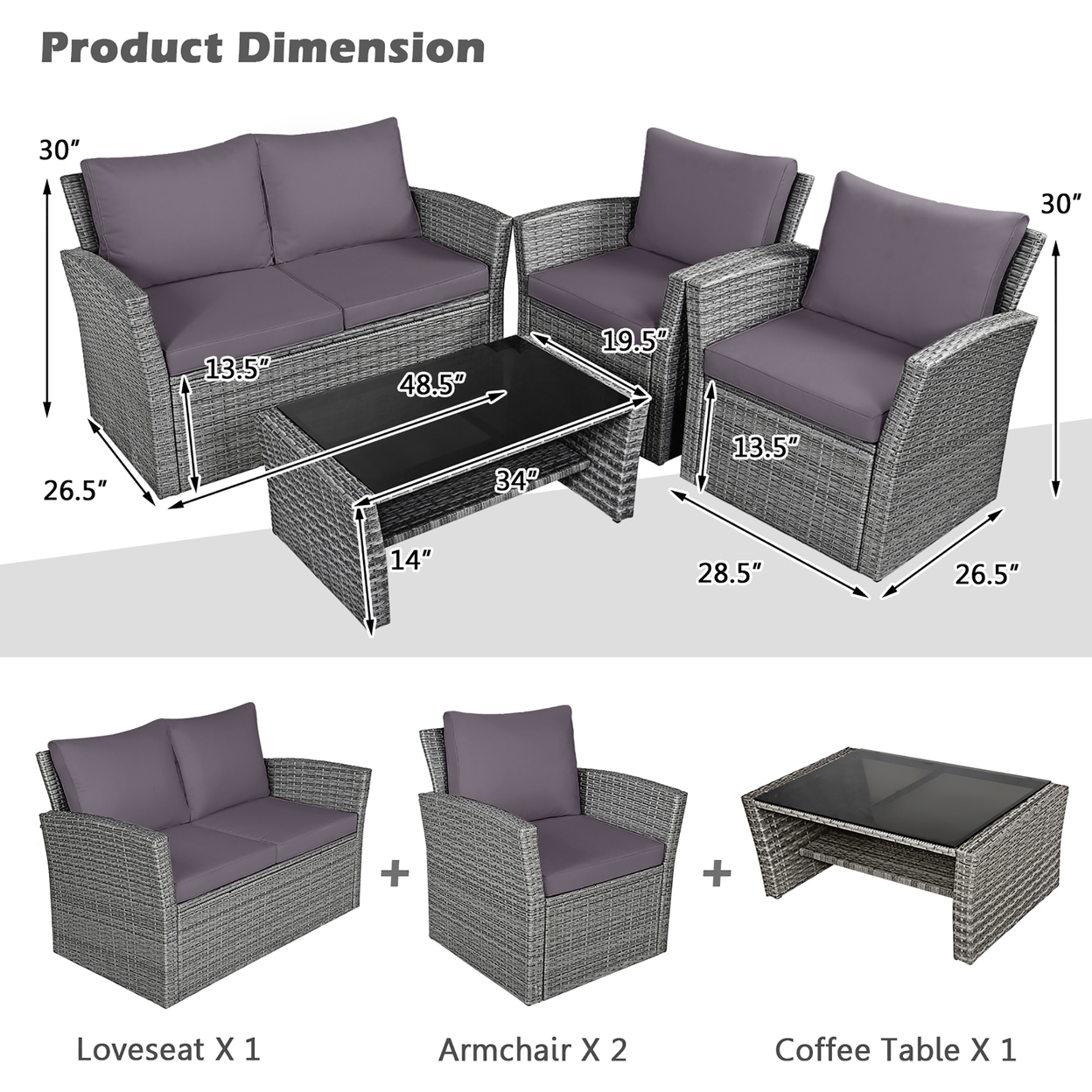 4PCS Patio Rattan Conversation Set Outdoor Furniture Set W/ Grey Cushions